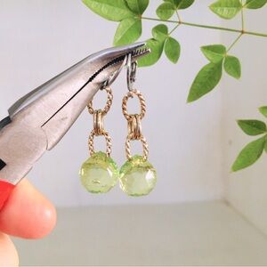 Green Peridot Faceted Bead & Gold Rope Rings Drop Earrings